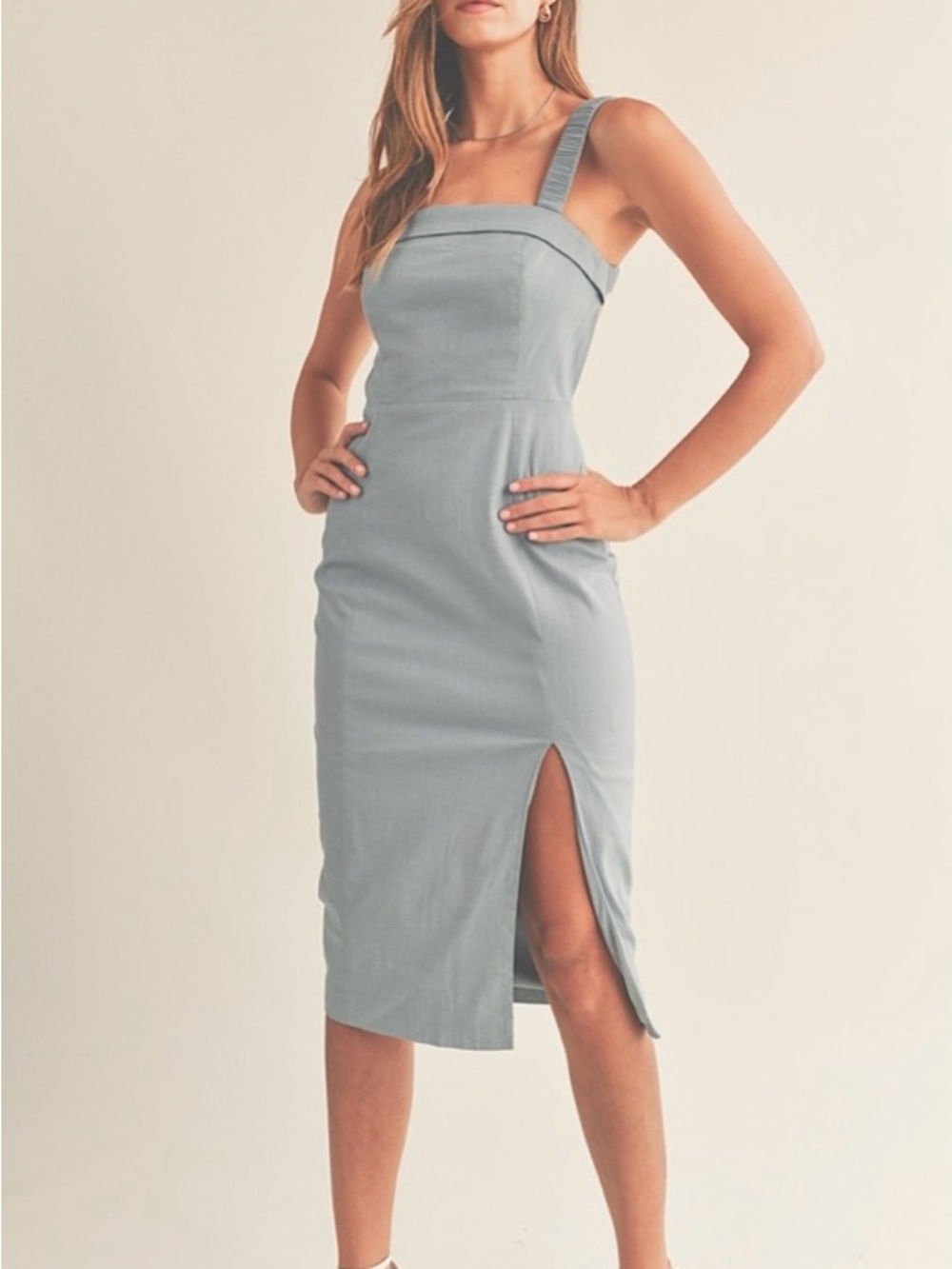 Asymmetrical Light Blue Midi Dress with Front Slit